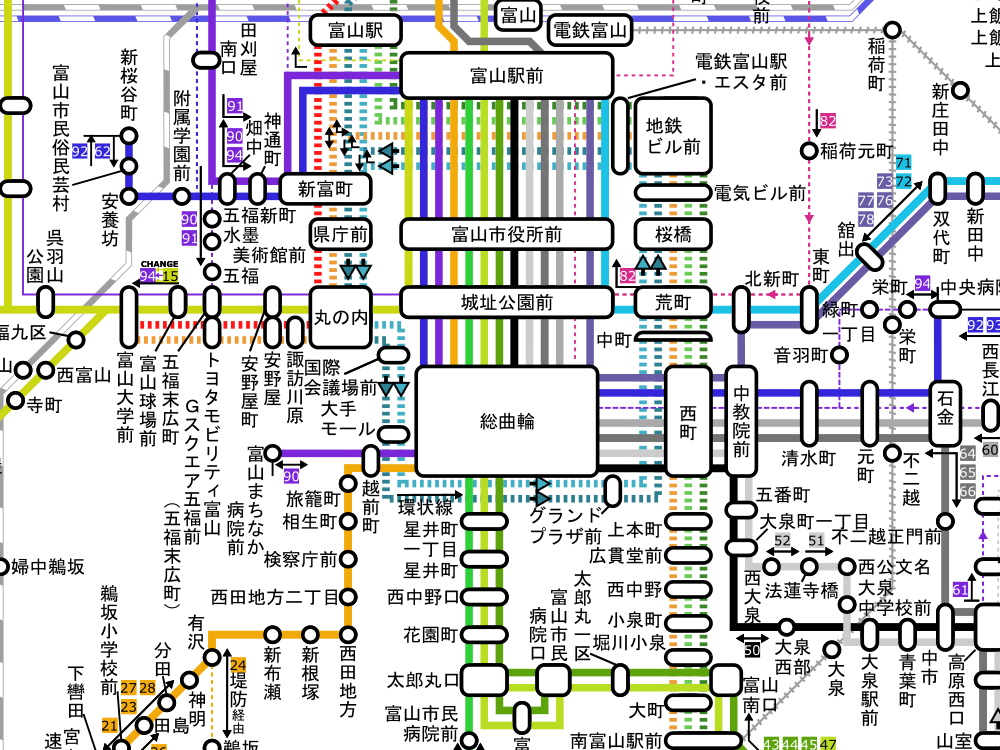 [富山発着バス路線図]